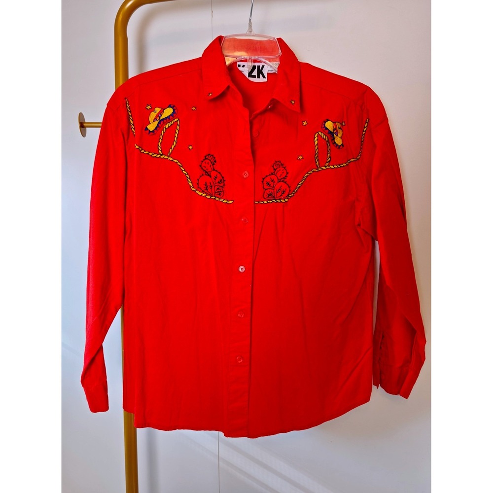 Cowgirl Rodeo Vintage 80s KZK Embroidered Red Western Shirt Size Medium